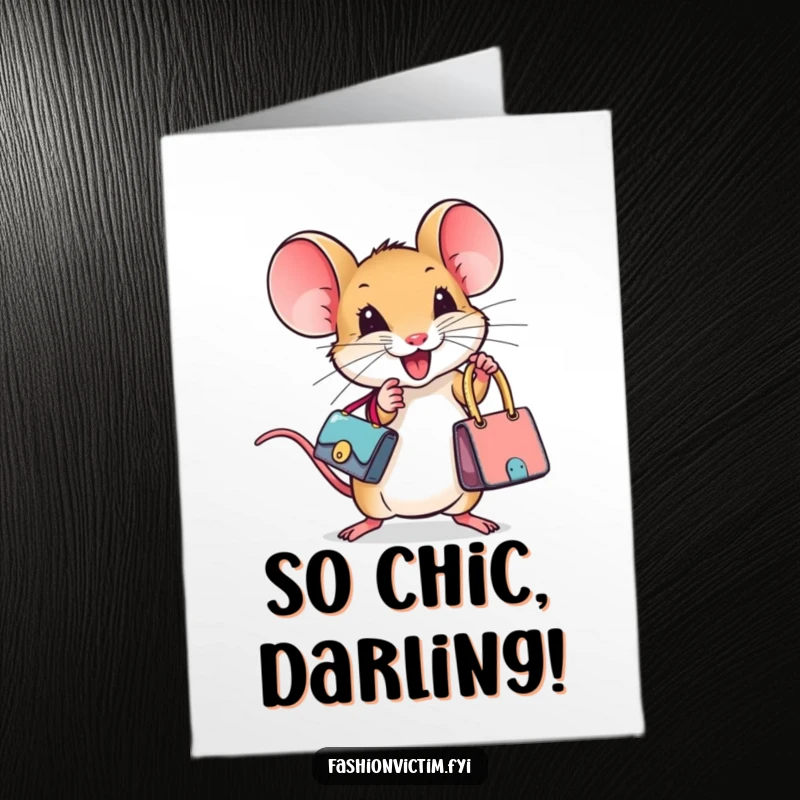 Funny Free Printable Congratulations Card: A tiny, fashionable mouse proudly displaying her designer handbag after a major accomplishment.