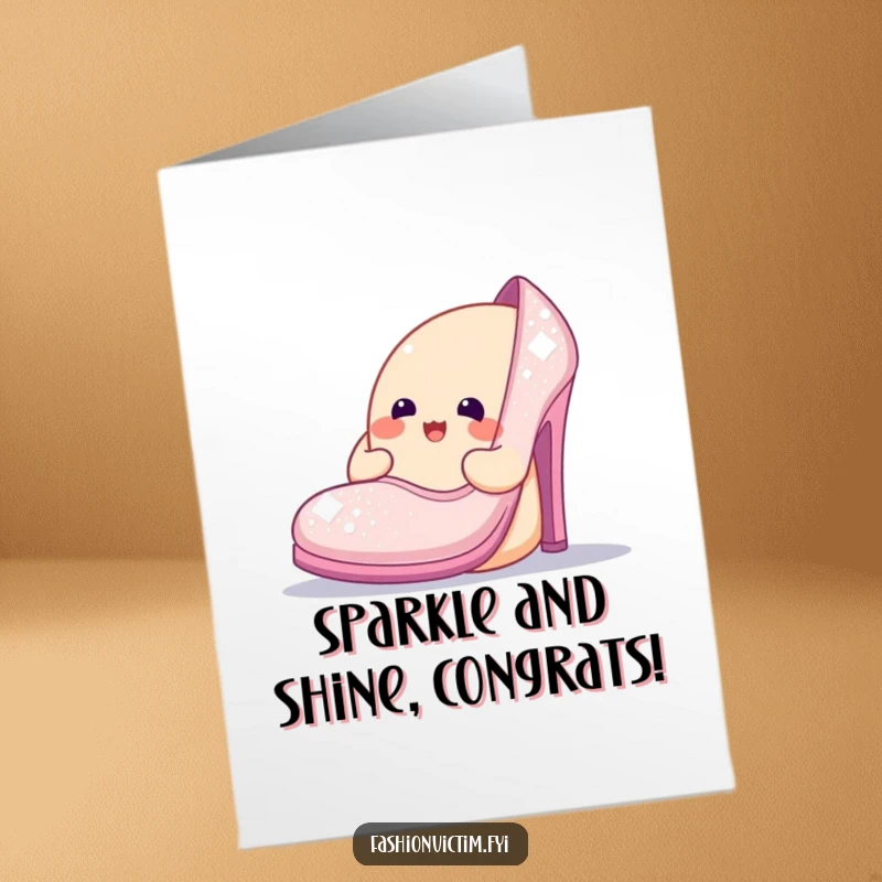Funny Free Printable Congrats Card: Cheerful blob character admires a ridiculously large, sparkly shoe, ideal for DIY.