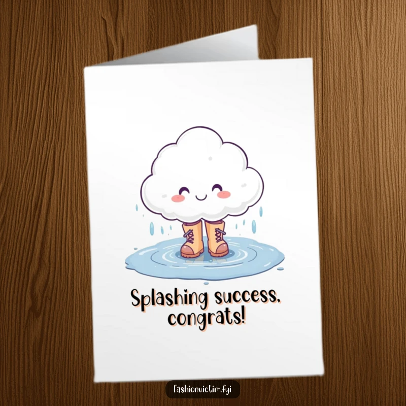 Funny Free Printable Congrats Card: Smiling rain cloud character in stylish boots splashing in a puddle, a fun DIY gift.