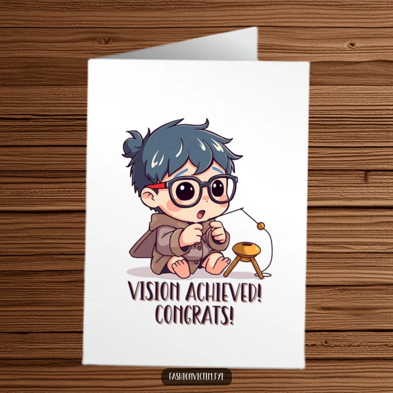Funny Free Printable Congratulations Card: Character wearing enormous spectacles, trying to thread a tiny needle.