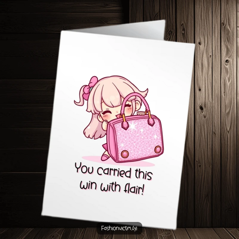 Funny Free Printable Congrats Card: Character humorously struggling with a huge sparkly handbag, celebrating achievement.