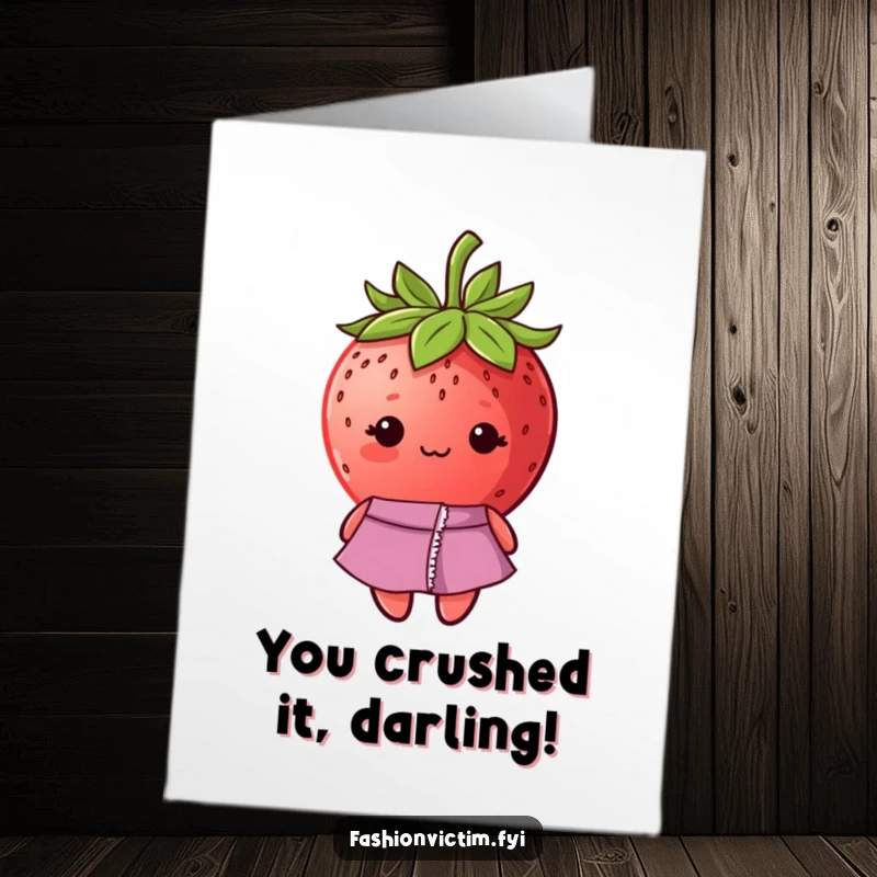 Funny Free Printable Congratulations Card: Shy strawberry with a ripped dress seam, a relatable and humorous celebration card.