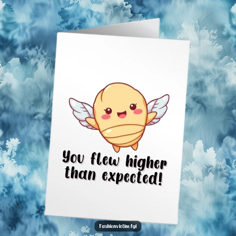 Funny Free Printable Congratulations Card: Smiling croissant character soaring on tiny wings, celebrating success with a downloadable flourish.