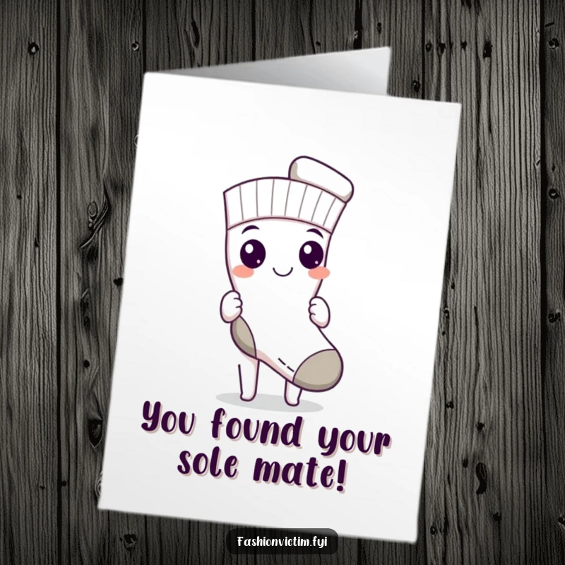 Funny Free Printable Congrats Card: Character proudly displays a single, matched sock, celebrating a perfect match. DIY gift.