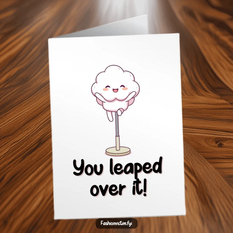 Funny Free Printable Congrats Card: Fluffy cloud character joyfully leaping over a mannequin leg, ideal for DIY.