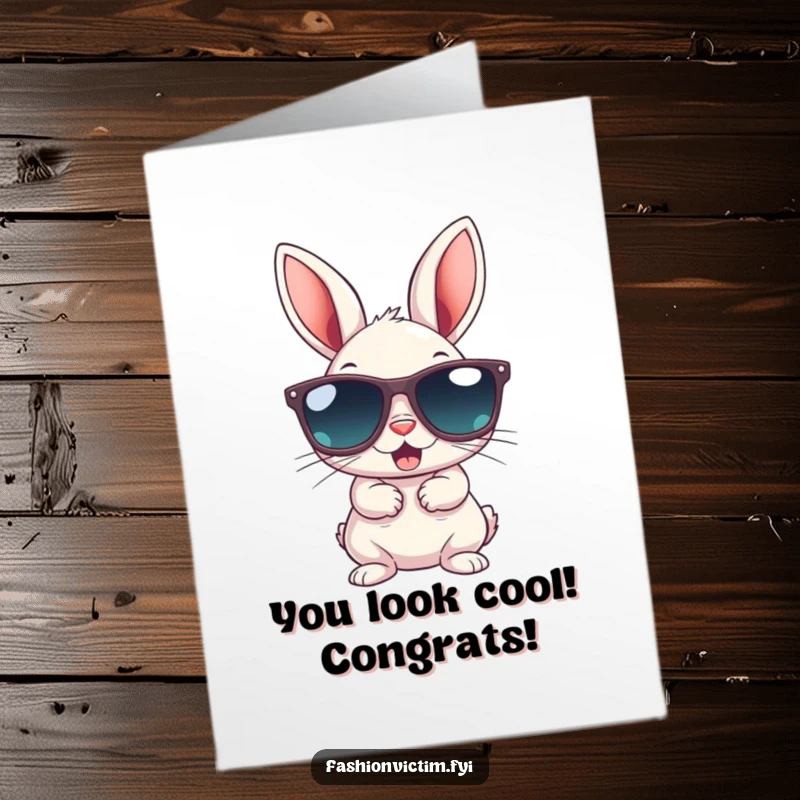 Funny Free Printable Congratulations Card: Small bunny wearing gigantic sunglasses, celebrating a cool success.