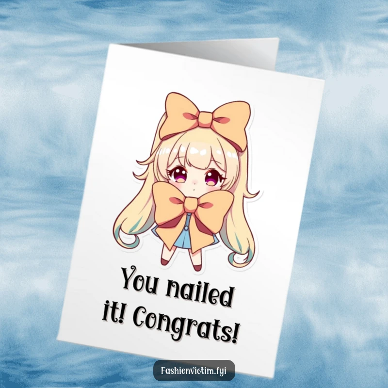 Funny Free Printable Congratulations Card: Character dramatically poses with an enormous, vibrant bow, full of pizzazz.
