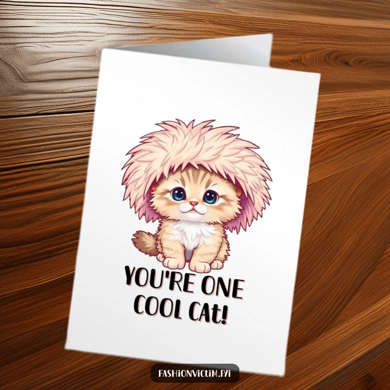 Funny Free Printable Congrats Card: Fluffy kitten hilariously toppling over under the weight of a huge feathered hat.