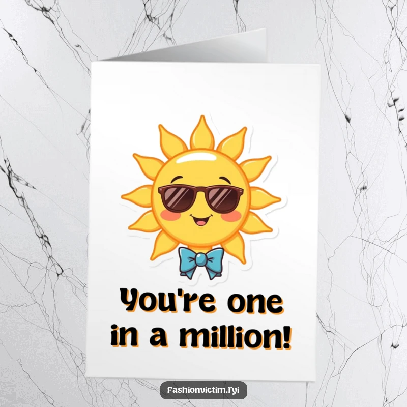 Funny Free Printable Congratulations Card: A smiling sun character in sunglasses and a bowtie, exuding cool confidence.