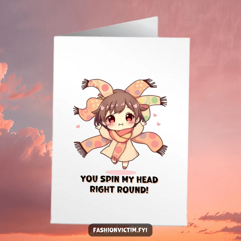 Funny Free Printable Congratulations Card: Character happily spinning, holding a bouquet of colorful, patterned scarves, celebrating a grand success.