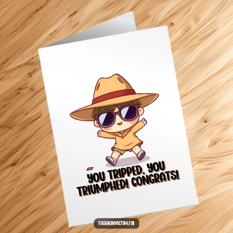 Funny Free Printable Congratulations Card: Character tripping in large hat and sunglasses, a comical celebratory stumble.