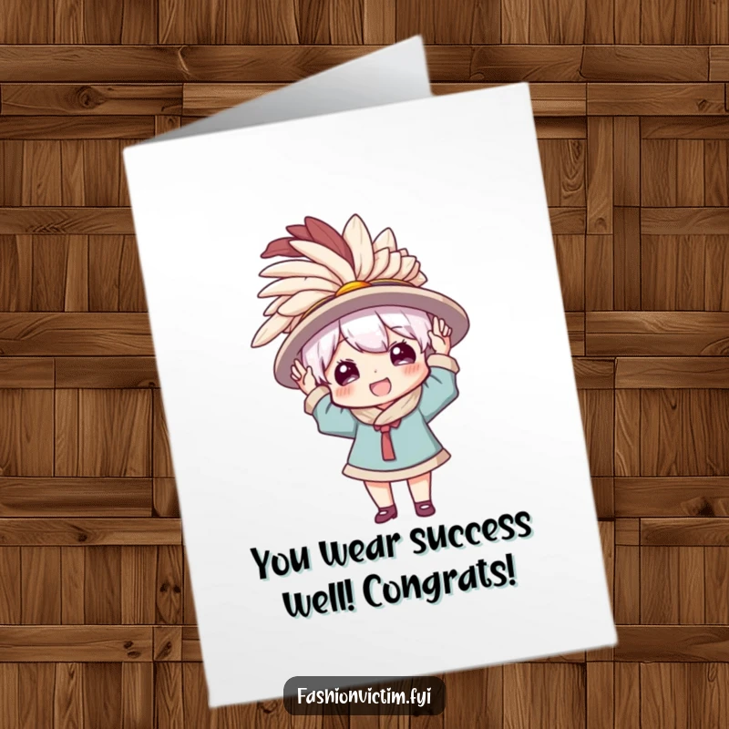 Funny Free Printable Congratulations Card: Character gleefully trying on an enormous feathered hat, celebrating a spectacular achievement.