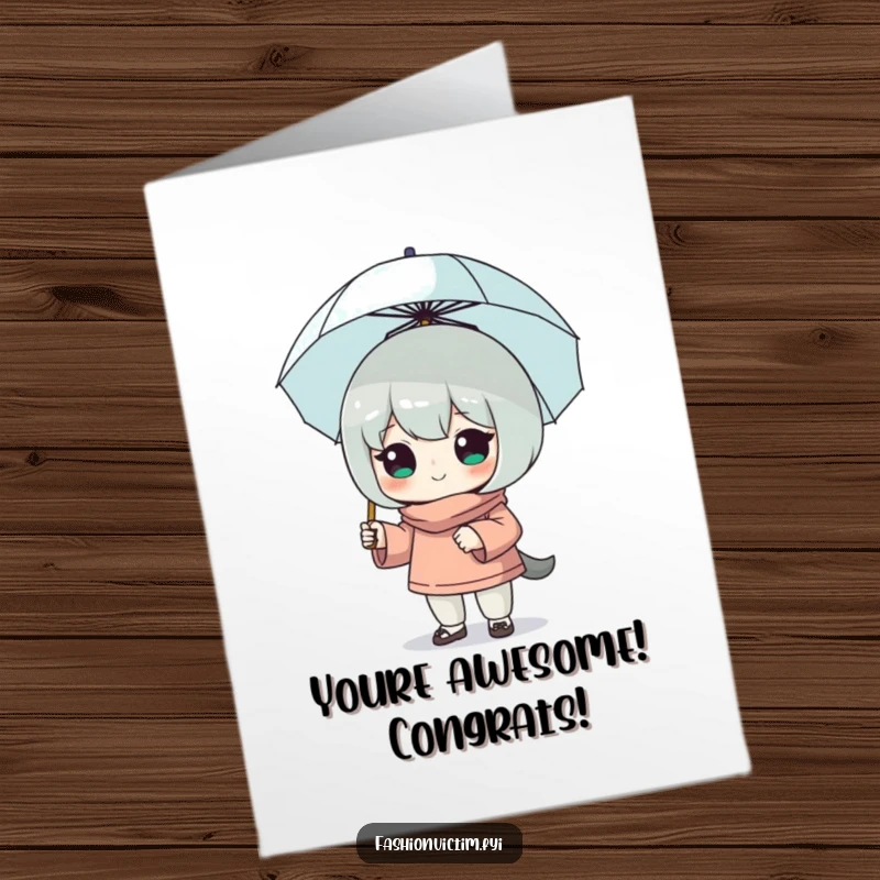 Funny Free Printable Congrats Card: Character striking a bold stance with a miniature umbrella, a witty downloadable art.