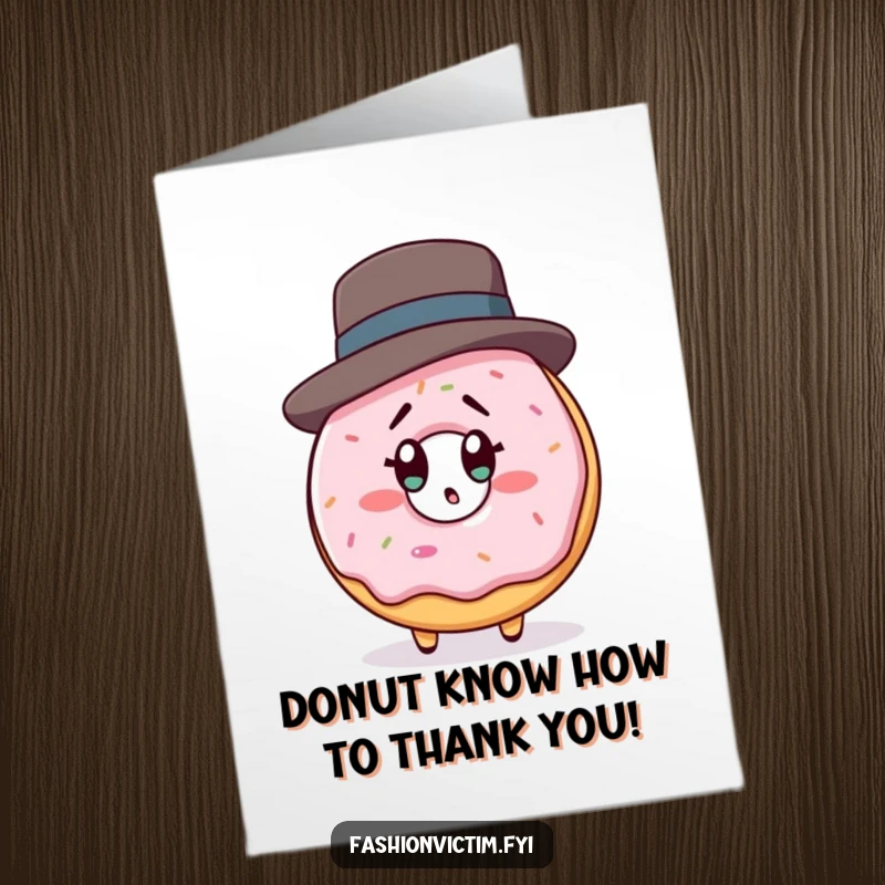 Funny Free Printable Thank You Card: Shocked donut character wearing a designer hat, a funny DIY thank you.