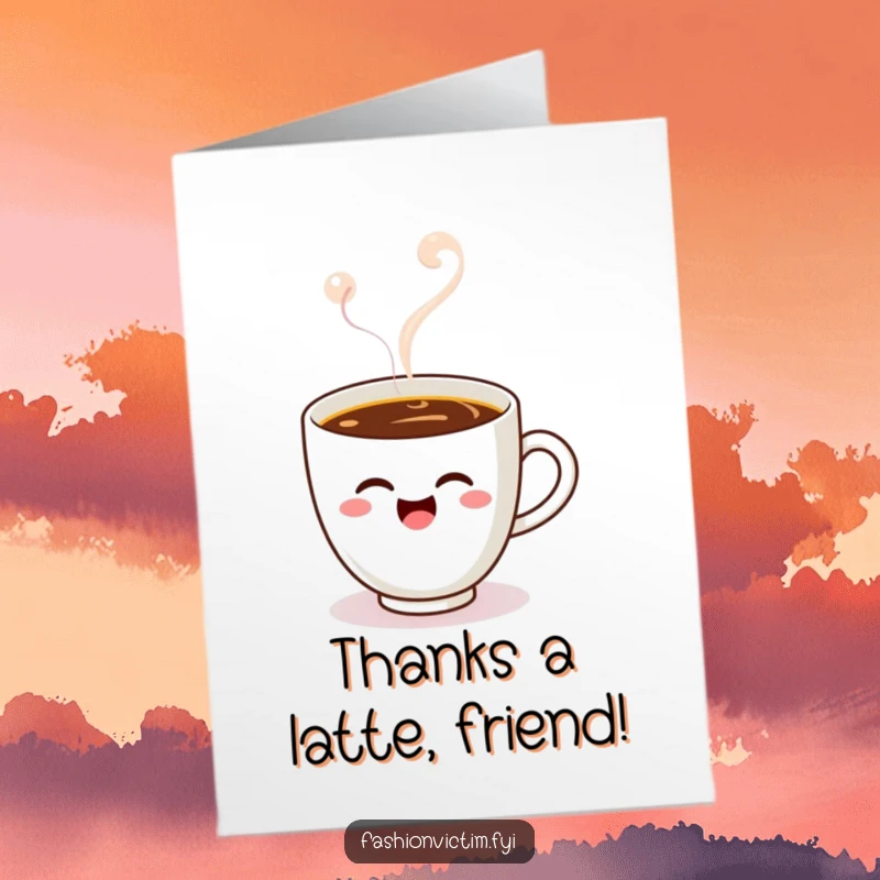 Funny Free Printable Thank You Card: A Kawaii coffee cup winks invitingly, steaming with gratitude and warmth.