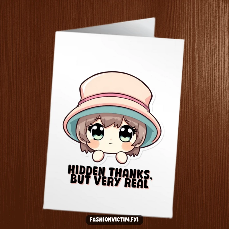 Funny Free Printable Thank You Card: Character peeking from behind an enormous hat, expressing thanks humorously.