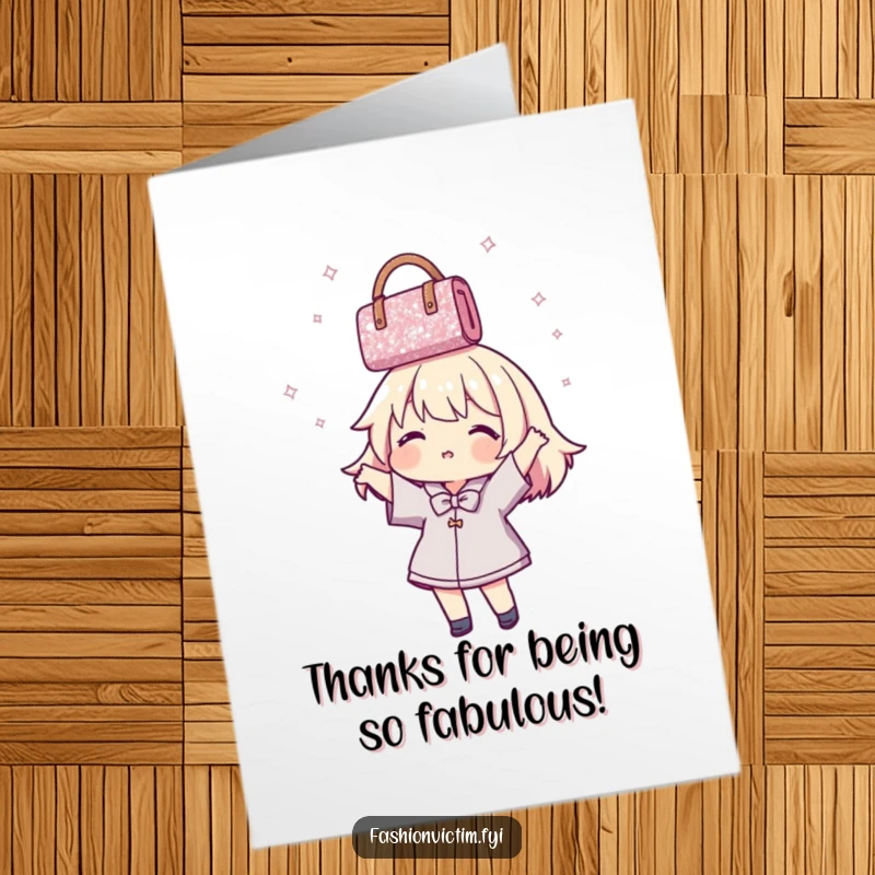 Funny Free Printable Thank You Card: Character joyfully spins a glittery handbag to express immense gratitude with a playful flourish. A delightful downloadable.