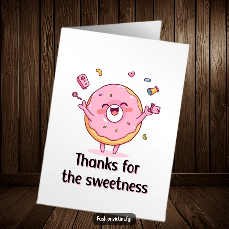 Funny Free Printable Thank You Card: A pink donut character joyfully juggles colorful accessories, sending thanks with a sweet, playful vibe.