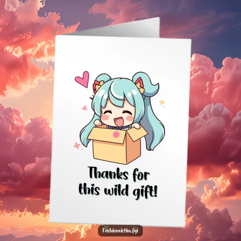 Funny Free Printable Thank You Card: Excited character unboxing a ridiculously large, brightly colored accessory with pure joy.