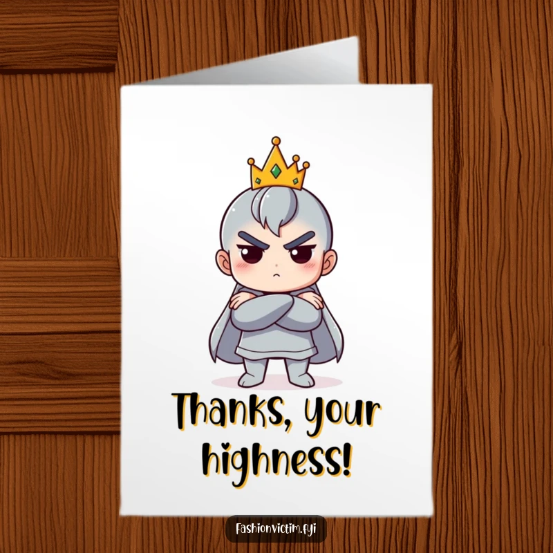Funny Free Printable Thank You Card: Character poses dramatically, arms crossed, crowned, offering thanks. DIY gift.