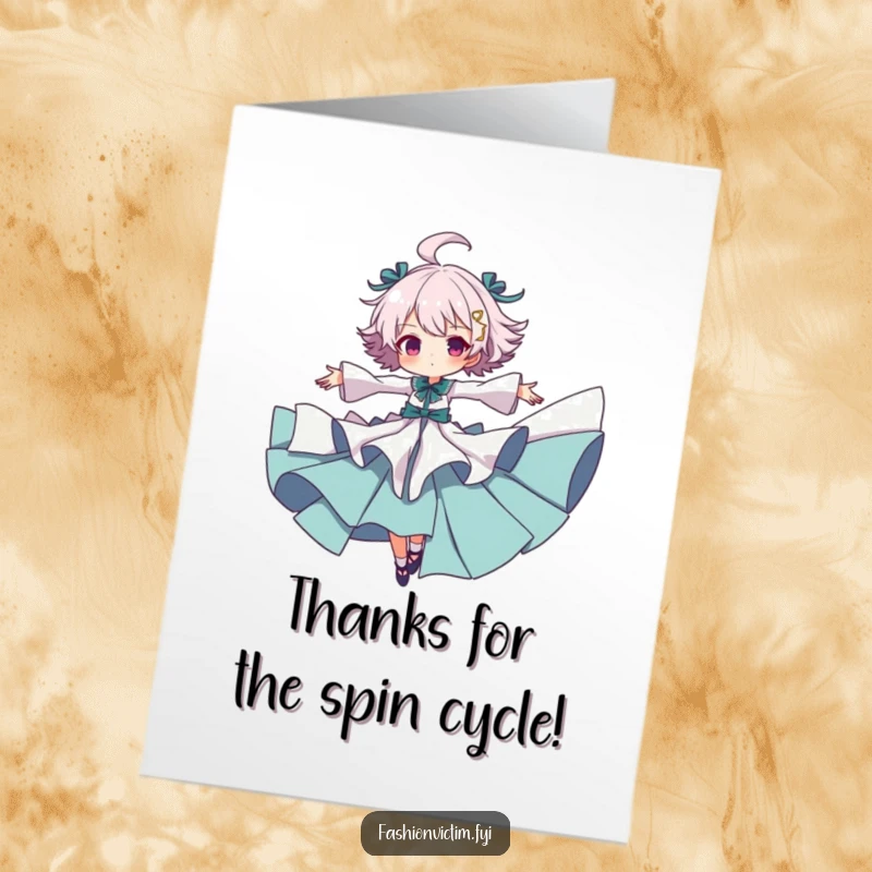 Funny Free Printable Thank You Card: Person in chaotic ruffled clothes spinning with arms out.