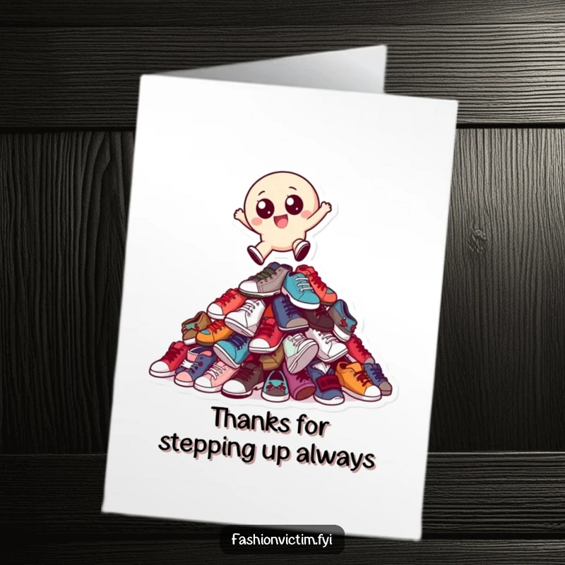 Funny Free Printable Thank You Card: Small, round character joyfully leaps over mismatched shoes, a humorous expression of thanks.