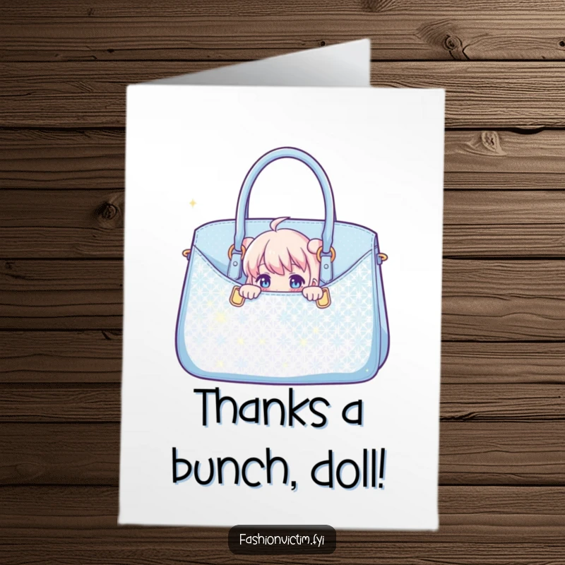 Funny Free Printable Thank You Card: Character peeking with a smile from behind a giant sparkly handbag, conveying thanks.