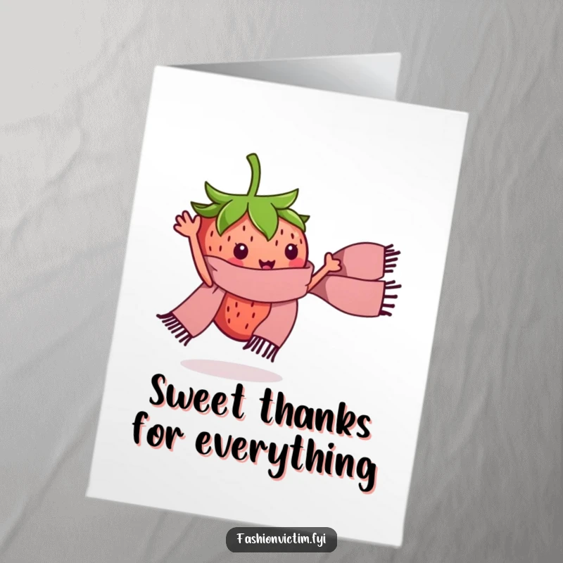 Funny Free Printable Thank You Card: A tiny strawberry character excitedly waving a miniature stylish scarf, a sweet thank you.