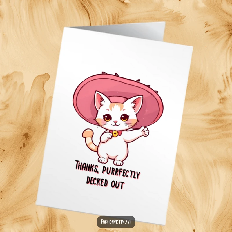 Funny Free Printable Thank You Card: A cute cat making a grand statement in an enormous, fashionable hat.