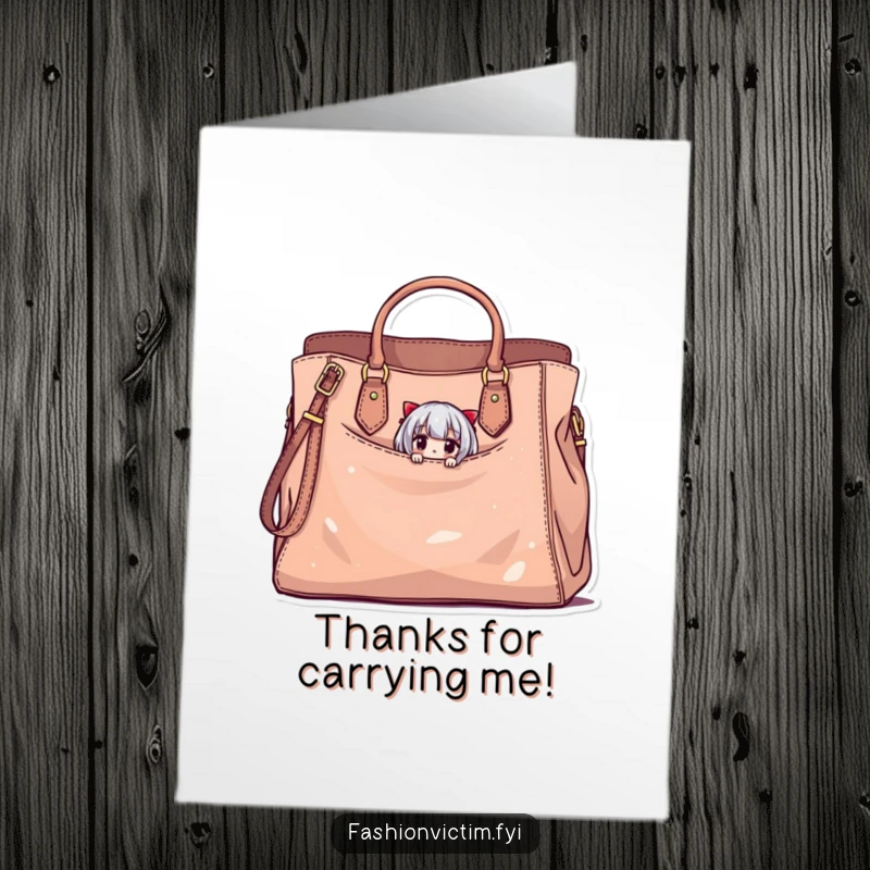 Funny free printable thank you card where a tiny character peeks from a large handbag, a charming way to say thanks.