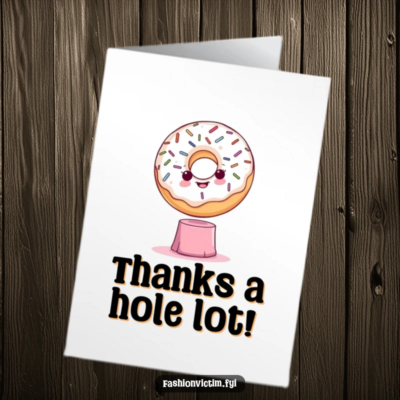Funny Free Printable Thank You Card: A dramatic donut with sprinkles poses gratefully on a shaky pedestal, showing appreciation.