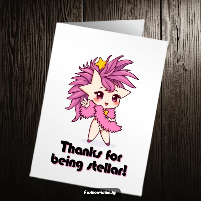 Funny Free Printable Thank You Card: A tiny star character posing glamorously with a large feather boa, exuding chicness.