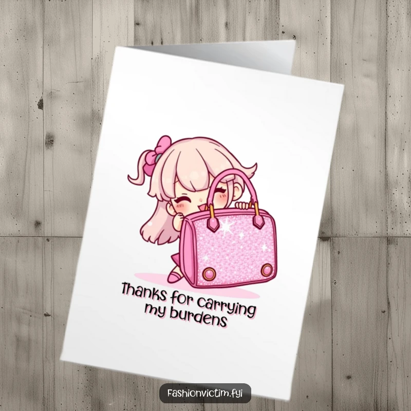 Funny Free Printable Thank You Card: Character humorously dealing with a massive sparkly handbag, showing thanks.
