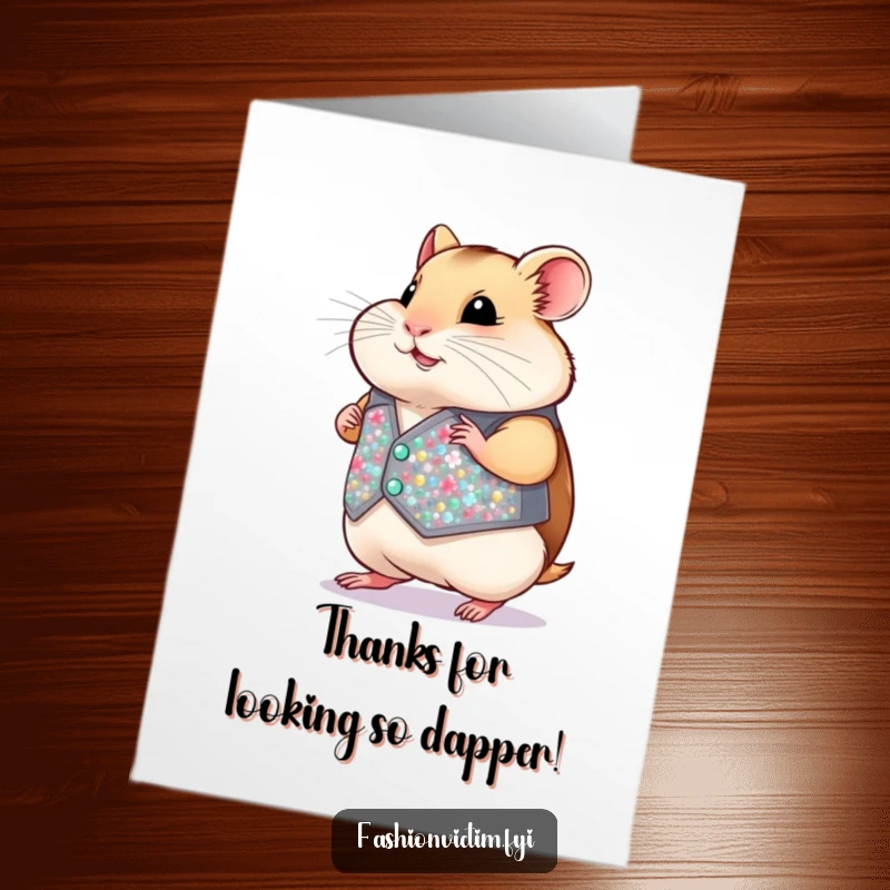 Funny Free Printable Thank You Card: Chubby hamster in a tiny sequined vest, looking sharp while saying thank you, a cute downloadable gift.