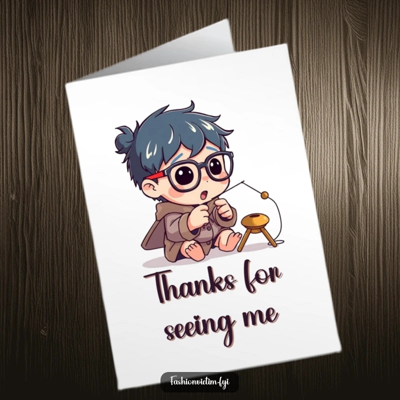 Funny Free Printable Thank You Card: Character with oversized glasses attempting to thread a minuscule needle.