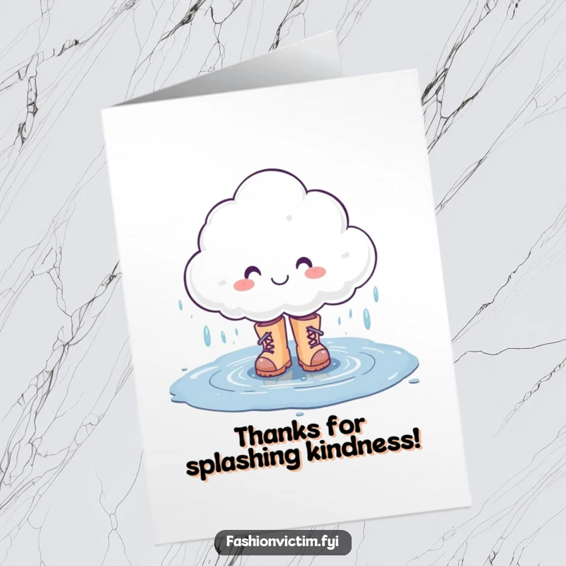 Funny Free Printable Thank You Card: Smiling rain cloud wearing boots, splashing happily, a cute DIY thank you.