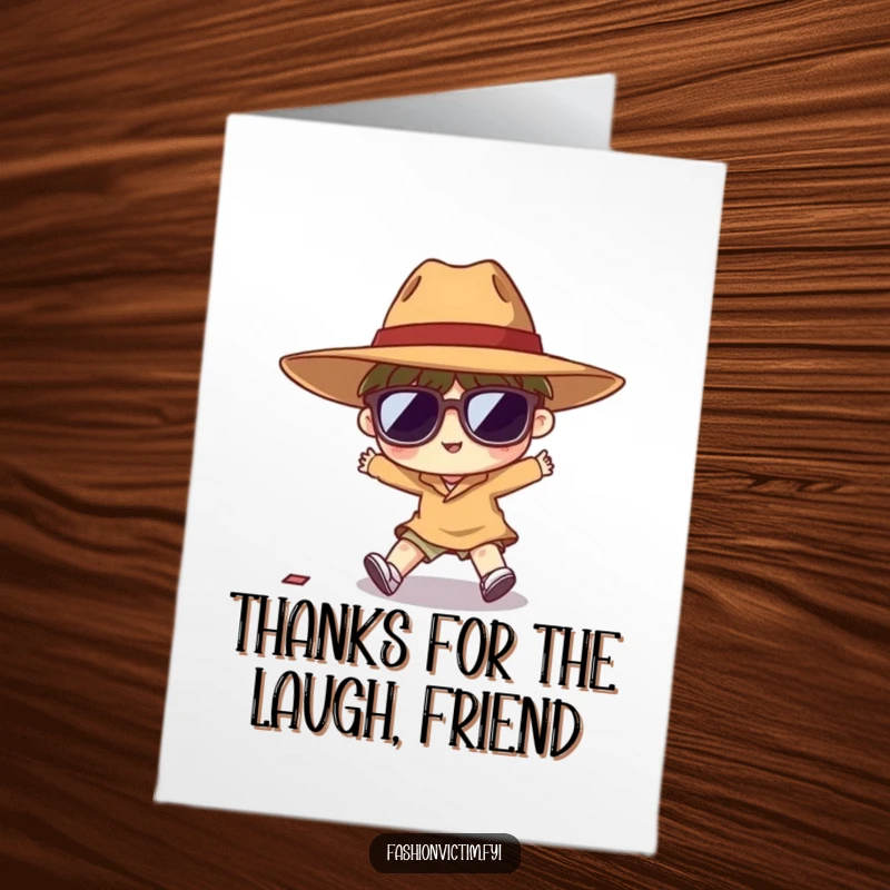 Funny Free Printable Thank You Card: Character tripping in oversized hat and sunglasses, a comical, grateful stumble.