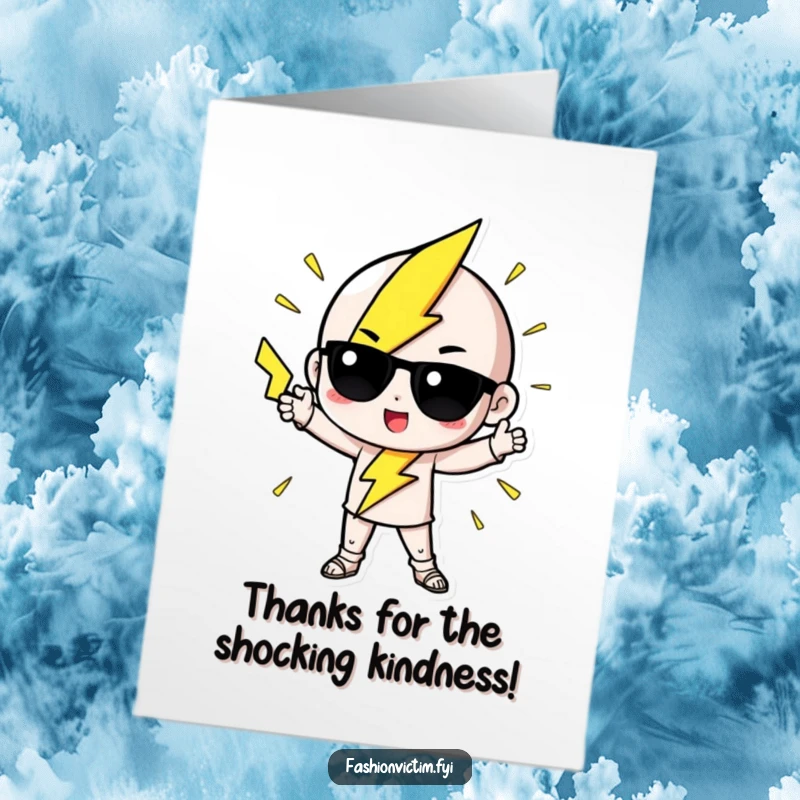 Funny Free Printable Thank You Card: Cute lightning bolt character striking a dramatic, fashionable pose.
