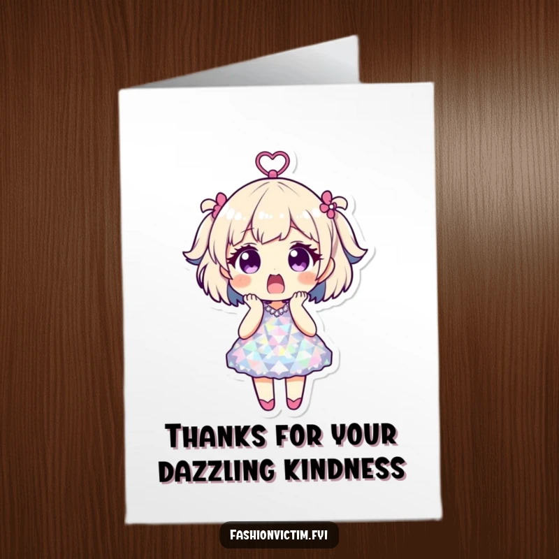 Funny free printable thank you card of a shocked character wearing a disco ball dress, offering thanks with sparkle.