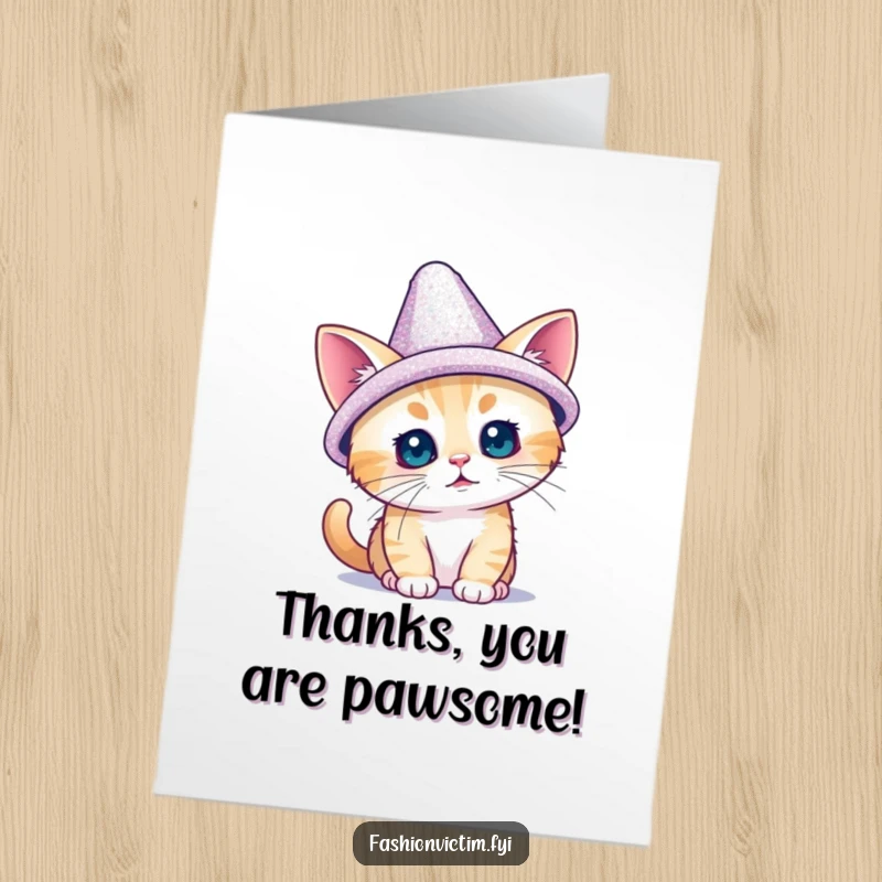 Funny Free Printable Thank You Card: Tiny cat trying on a dazzling sparkly hat, a cute thank you.