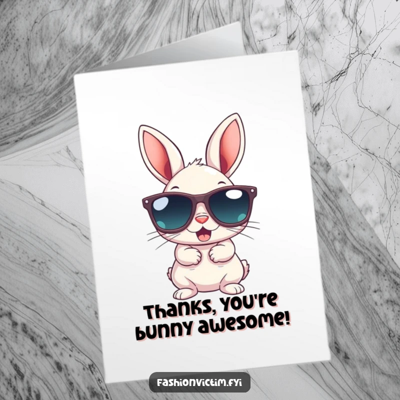 Funny Free Printable Thank You Card: Small bunny gleefully wearing gigantic sunglasses, a cool thank you.