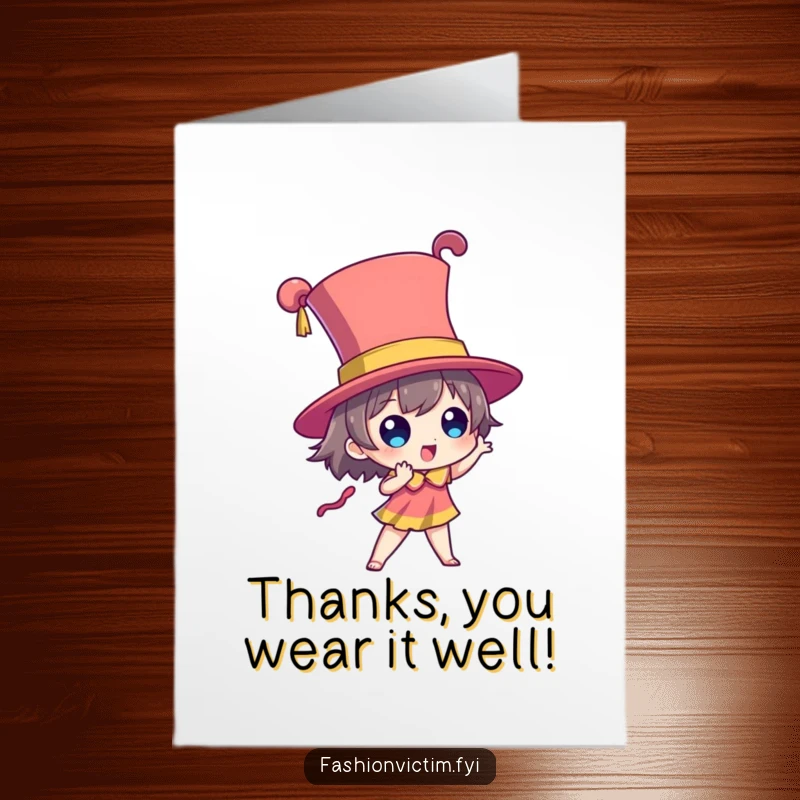 Funny Free Printable Thank You Card with a character posing dramatically wearing a towering, brightly colored hat.