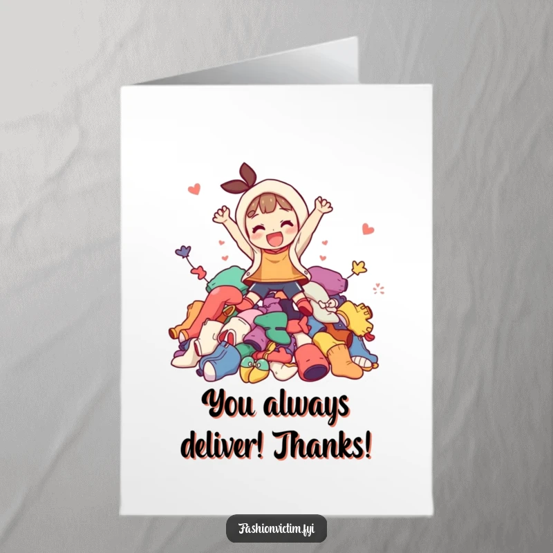 Funny Free Printable Thank You Card: Character gleefully diving into a mountain of colorful clothes, saying thanks with an energetic splash.