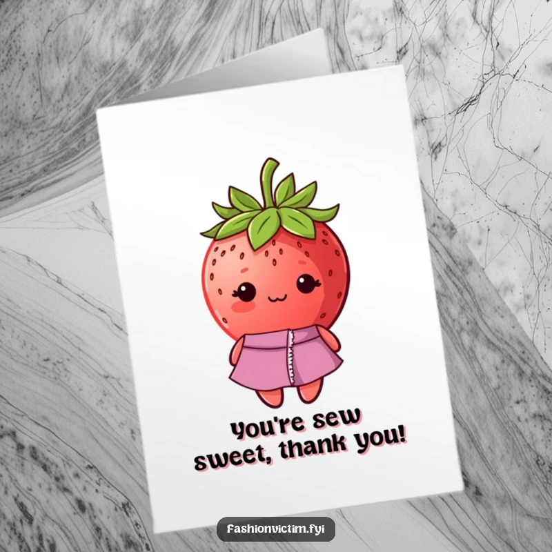 Funny Free Printable Thank You Card: Shy strawberry with a ripped dress seam, expressing gratitude with a touch of humor.