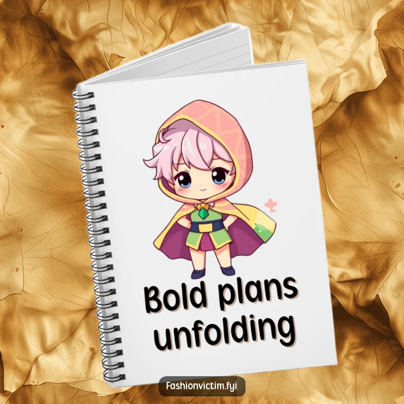 Funny notebook cover with a proud character showcasing a brightly patterned, oversized cape billowing behind them, ideal for project planning.