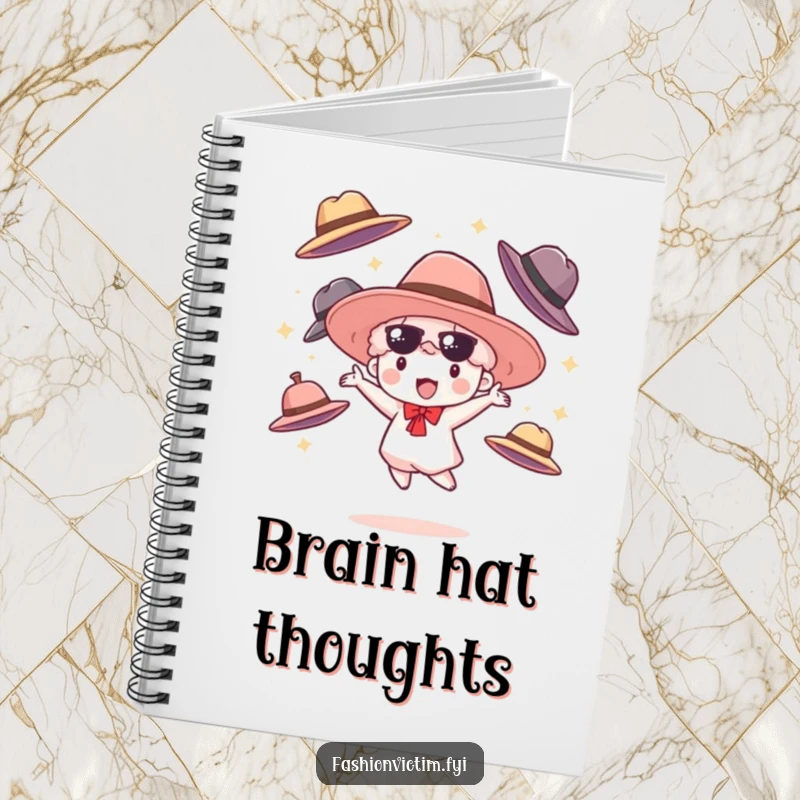 Funny notebook cover with a happy cloudburst character juggling oversized fashionable hats, a quirky and humorous companion for your notes.