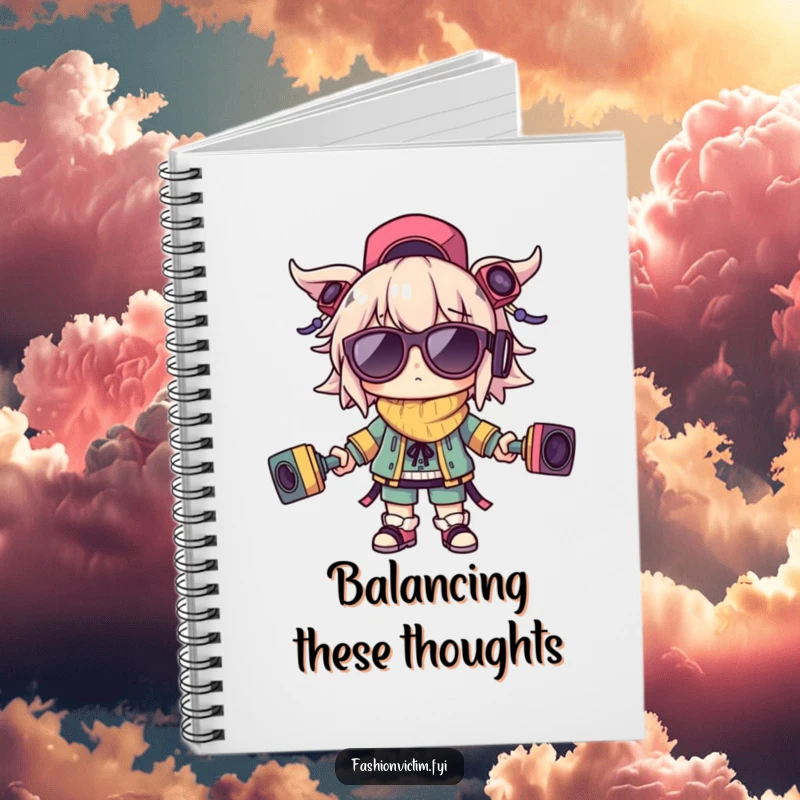 Funny notebook with a character balancing outlandish accessories, perfect for notes, plans, and creative ideas amidst delightful chaos.
