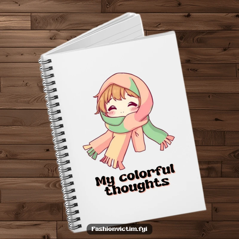Funny Notebook design with a bubbly character draped in a ridiculously long, colorful scarf, ideal for note-taking.