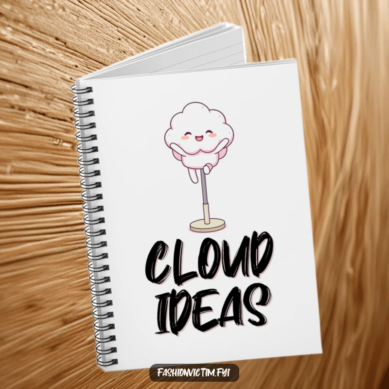 Funny notebook cover with a fluffy cloud character joyfully leaping over a mannequin leg, a perfectly whimsical companion for your notes.