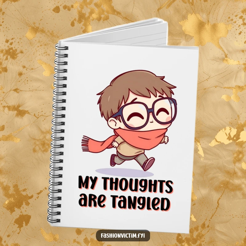 Funny notebook with a character with exaggeratedly large glasses stumbling forward, tripping on a trailing scarf.